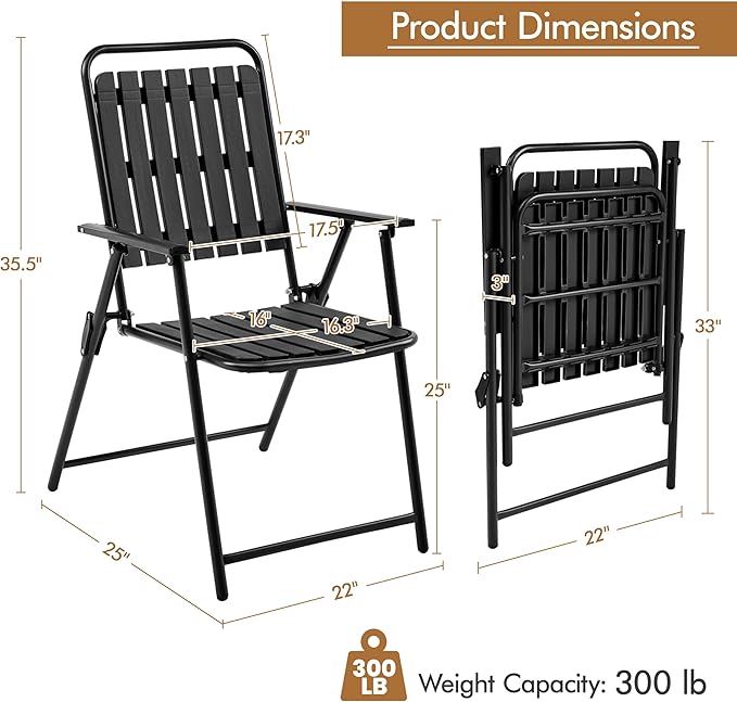 Yaheetech Folding Patio Chair Set of 2, Outdoor Dining Chair with Armrests, Plastic Patio Chair for Porch, Deck, Garden, Backyard, No Assembly Black