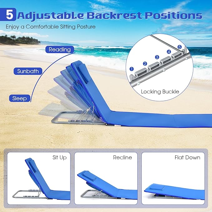 Tangkula 3 Pieces Beach Chairs for Adults, Lightweight Lawn Lounge Chairs with 5 Adjustable Recline Position, Zipper Pocket, Backpack 2 Pack Beach Chairs Set with Folding Side Table (Blue)