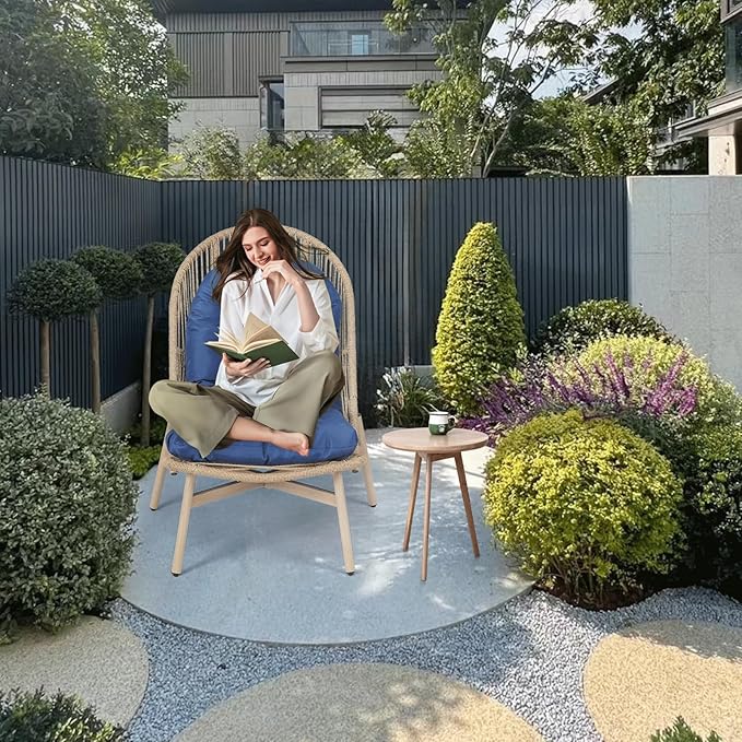 Athena Collection Patio Wicker Egg Chair with Folding Canopy, All-Weather Rattan Patio Lounge Chair with Sun Shade, Balcony Furniture Outside Seating for Front Porch, Garden, Poolside, Outdoor, Blue