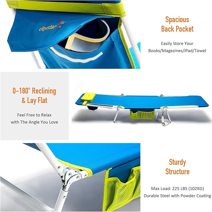daystar SunnyFeel Beach Lounge Chair, Backpack Reclining Beach Chairs Lay Flat, Face Down Tanning Chair - Photo 5