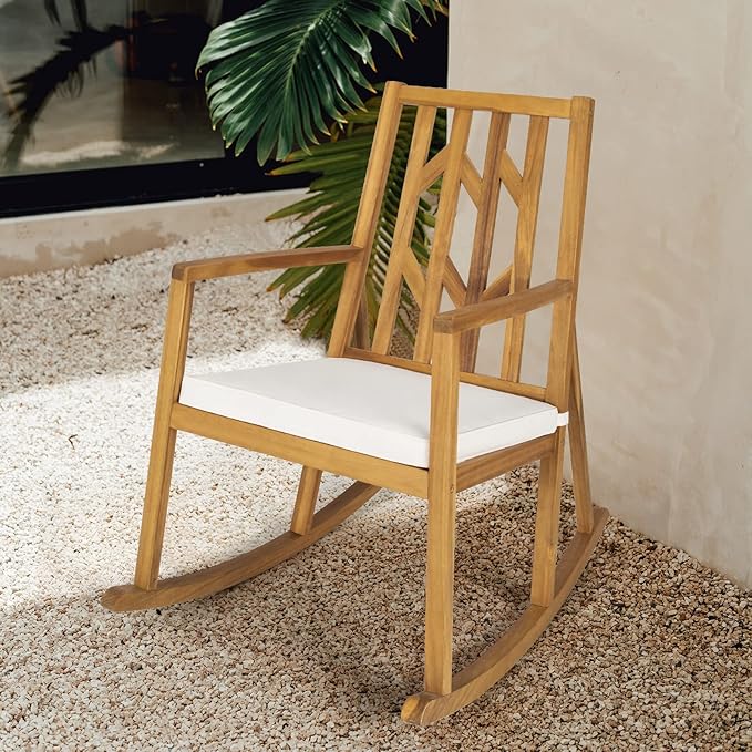 Tangkula Acacia Wood Patio Rocking Chair, Outdoor Porch Rocker W/Removable High-Density Cushion, All-Weather Resistance, Perfect for Garden, Backyard, Poolside (1, White)