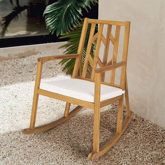 Tangkula Acacia Wood Patio Rocking Chair, Outdoor Porch Rocker W/Removable High-Density Cushion, All-Weather Resistance, Perfect for Garden, Backyard, Poolside (1, White)
