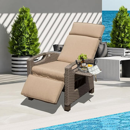 Domi Outdoor Recliner Chair, Patio Recliner with Hand-Woven Wicker, Flip Table Push Back, Adjustable Angle, Thickness Cushions, Reclining Lounge Chair for Indoor & Outdoor Use, Beige