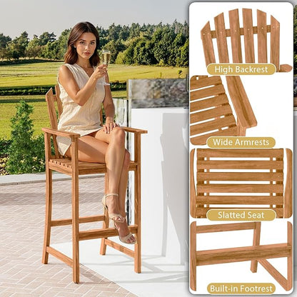 Tangkula Tall Adirondack Chair, Outdoor Acacia Wood Bar Stool with Back, Armrests and Footrest, Bar Height Patio Chair for Balcony, Porch, Deck and Backyard (1,Natural)
