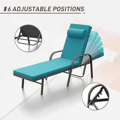 ALAULM 3 Pieces Outdoor Chaise Lounge Set Rattan Wicker Adjustable Pool Lounge Chair w/Folding Table,Patio Armrest Recliner for Beach, Poolside,Blue