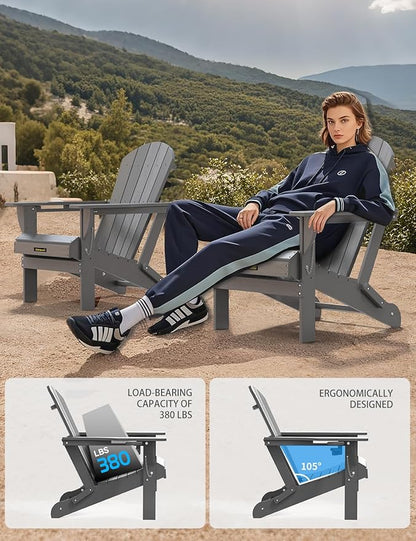 Plastic HDPE Adirondack Chair,Set of 4,Folding Adirondack Chair Weather Resistant with Cup Holder, Wooden Textured Fire Pit Outdoor Chair for Garden, Porch, Lawn, Backyard, Supports 380LBS, Grey