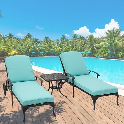 Chaise Lounge Outdoor Chair with Side Table, Adjustable Reclining Rust-Resistant Aluminum Cast Poolside Chaise with Convenient Wheels, Outdoor Lounge Furniture Set of 3, (Blue)