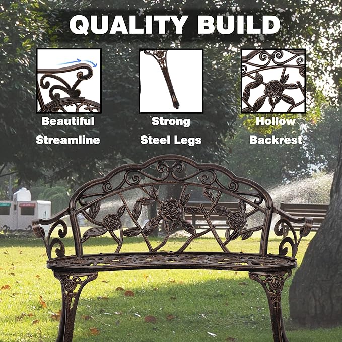Metal Outdoor Bench Garden Bench Patio Park Bench Porch Bench with Armrests Floral Rose Accent for Indoor/Outdoor Garden Patio Porch,Bronze