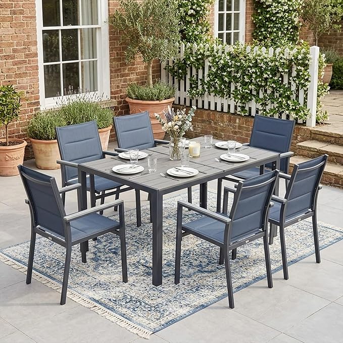 Kozyard Outdoor Patio Dining Table for 6, Rectangular 35.6" x 58.9" Metal Table with Wood-Look Tabletop, Weather-Resistant Frame for Backyard, Porch, Deck, Garden, Brown