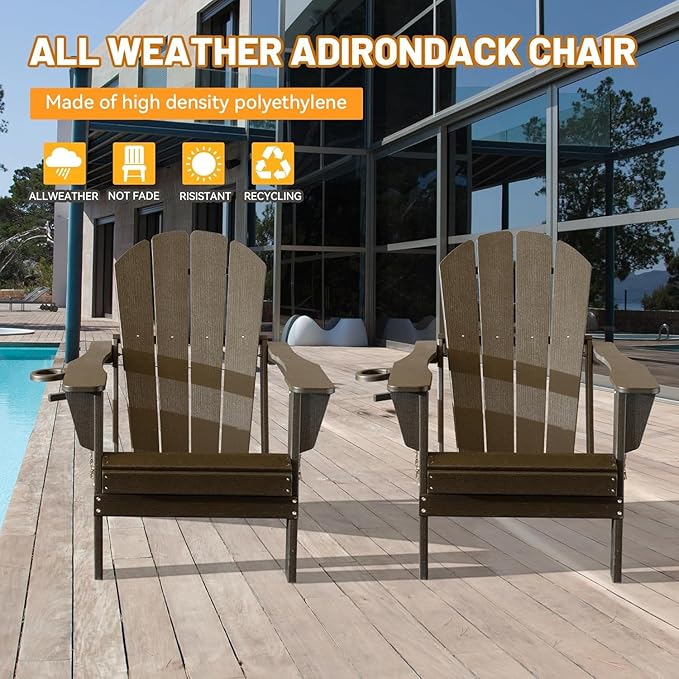 GOWE Adirondack Chairs Set of 2, Plastic Adirondack Chair, Adirondack Chairs, HDPE Adirondack Chair, Folding Adirondack Chairs, Outdoor Chairs with Cup Holder for Lawn Patio Deck Fire Pit -Brown