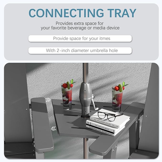 Tall Adirondack Chair Set of 2, HDPE Balcony Chairs with Connecting Tray, Two Cup Holders, All-Weather Adirondack Bar Stools for Patio, Balcony, Backyard, Poolside, Grey