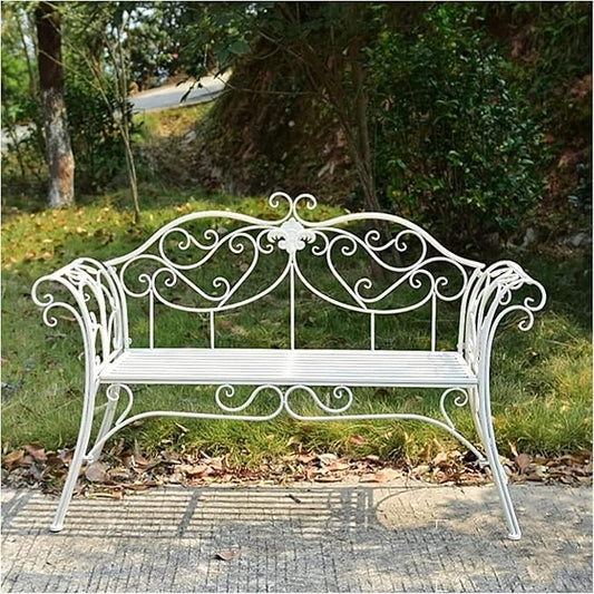 Park Bench Patio Garden Bench Backyard Benches, Metal Garden Bench, Country Wrought Iron Double Chair Bench, Villa Garden Courtyard Decor, Park Outdoor Bench with Backrest (Color : White)