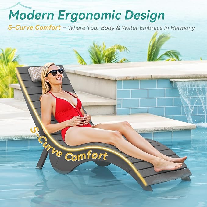 Pool Lounge Chairs - Anti-Floating HDPS Design for Pools & Backyard Sun Decks, Weighted Pool Chairs and Lounges for Poolside or Outside, Includes Headrest, Neutral Grey