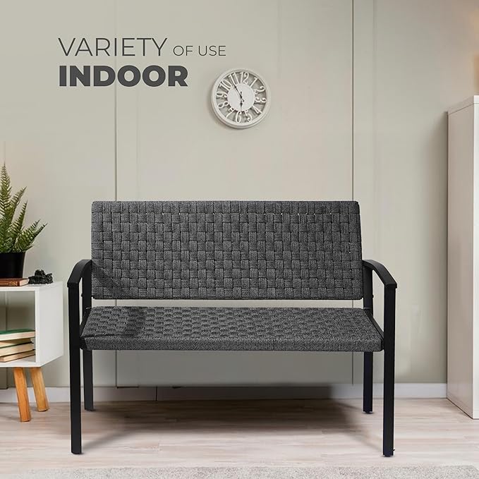 Chelsea Olive Patio Loveseat All-Weather Rope Outdoor Bench with Metal Armrest, Patio Outdoor Furniture Ideal Garden Bench for Balcony, Lawn, Backyard and Deck (Grey)