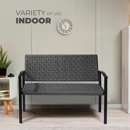 Chelsea Olive Patio Loveseat All-Weather Rope Outdoor Bench with Metal Armrest, Patio Outdoor Furniture Ideal Garden Bench for Balcony, Lawn, Backyard and Deck (Grey)