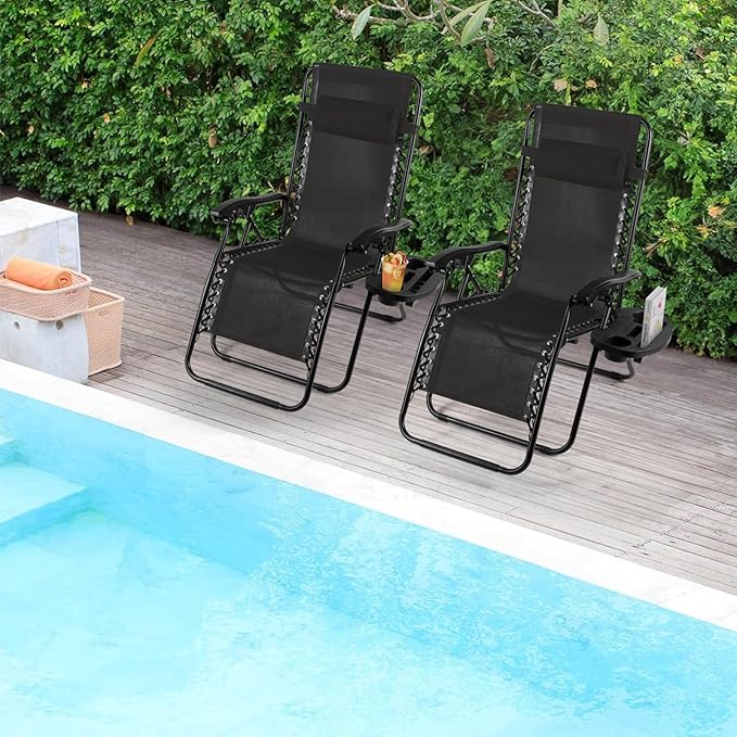 TLSUNNY Zero Gravity Chair Set of 2, Outdoor Folding Lounge W/Detachable Headrest & Holder Tray, Adjustable Textilene Lawn Reclining, No Assembly Required, for Patio, Garden, 330LBS (2, Black)