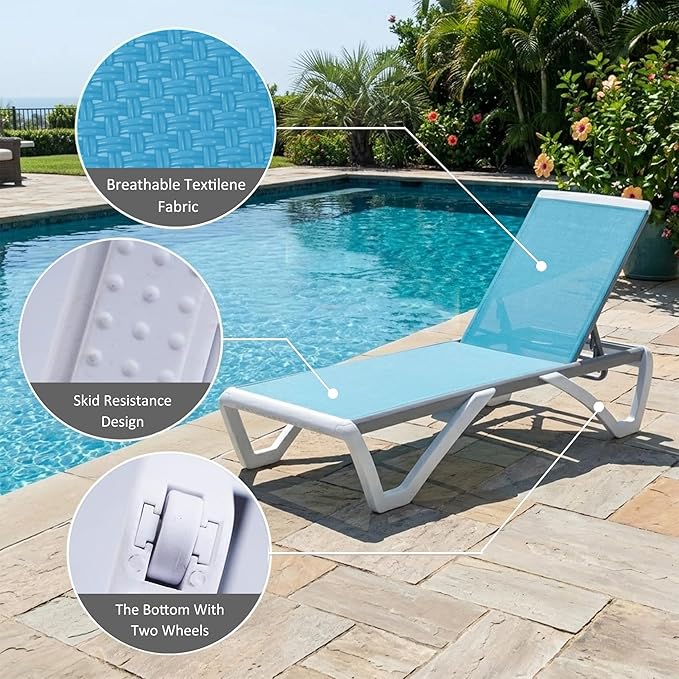 Kozyard Outdoor Chaise Lounge Chair, Full Flat Adjustable Patio Lounger with Aluminum Frame & Resin Legs, Textilene Fabric for Poolside, Backyard & Beach (Aqua/WhiteFrame, Chair + Table)