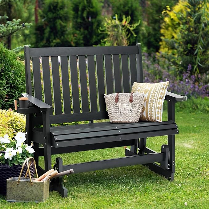 HIPS Patio Glider Two-Seat with Cup Holders, Durable HIPS Material, All-Weather Resistant - Photo 2