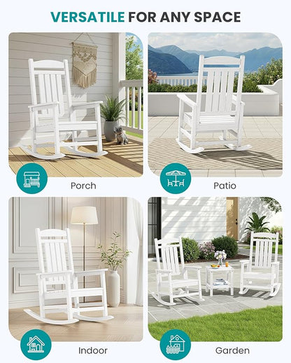 SERWALL Outdoor Rocking Chairs Set of 2, Oversized HDPE Porch Rockers for Adults, All-Weather Composite Patio Rocking Chairs, White