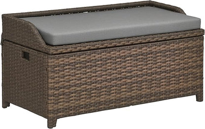 Outsunny 38 Gallon Outdoor Wicker Storage Bench Deck Box, PE Rattan Patio Furniture Pool Storage Bin Container with Interior Waterproof Cloth Bag and Comfortable Cushion, Cream White