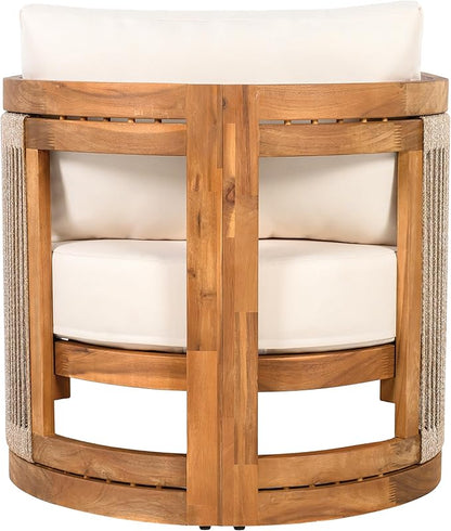 Merax Acacia Wood Outdoor Club Chair,Woven Rope Accents Design,Wooden Patio Accent Chair,Comfy Reading Seat with Removable Cushion,Patio Furniture,Beige+Teak