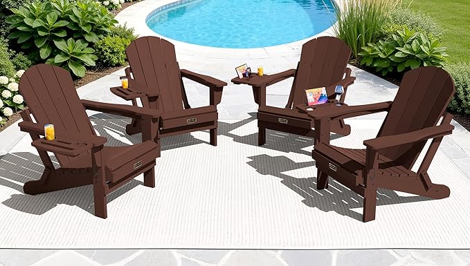 SERWALL Folding Adirondack Chair for Outdoor, Paito Adirondack Chairs with 4 in 1 Cup Holder, All-Weather Patio Chairs with Wood Texture, Fire Pit Chairs for Deck Porch Garden Poolside -Coffee