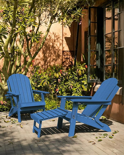 YEFU Adirondack Chair with Retractable Ottoman: Adjustable Folding Adirondack Chairs Set of 4 - Fire Pit Chairs with Cup Holder - Sturdy HDPE Plastic All Weather for Outdoor/Patio/Fire Pit/Pool(Blue)