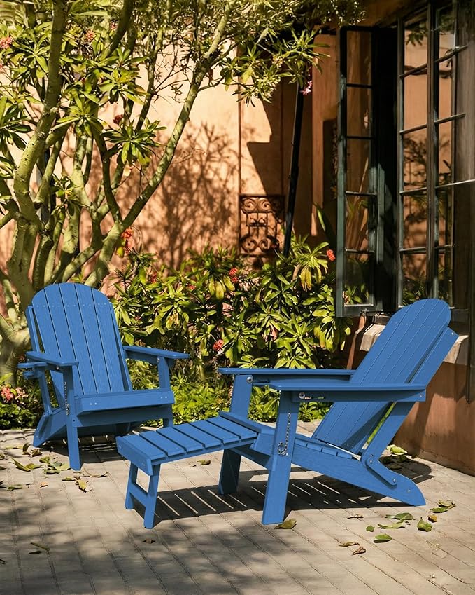 YEFU Adirondack Chair with Retractable Ottoman: Adjustable Folding Adirondack Chairs with Cup Holder - HDPE Plastic Outdoor Fire Pit Chairs Set of 8 - All Weather for Patio/Firepit/Outside/Pool(Blue)