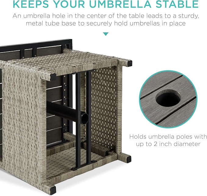 Best Choice Products Wicker Side Table with Umbrella Hole, Square PE Rattan Outdoor End Table for Patio, Garden, Poolside, Deck w/UV-Resistant Frame, Storage Space - Gray