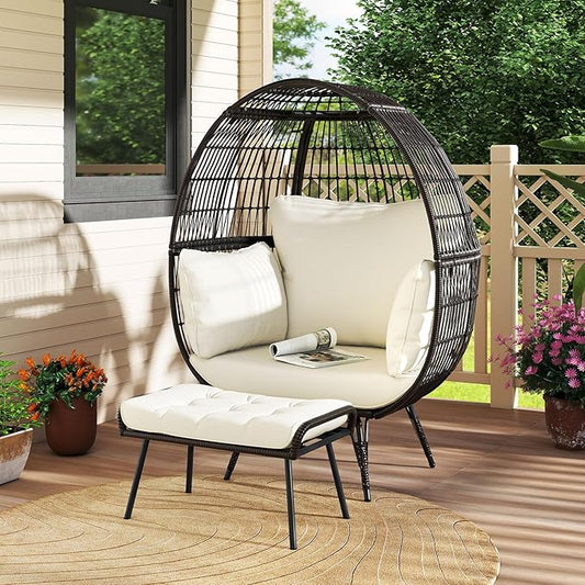 Giantex Oversized Wicker Egg Chair, Outdoor & Indoor Hammock Chair with Thick Cushions, 2-Person PE Rattan Lounge Chair Swing Chair for Patio, Backyard,Porch, 450 LBS Weight Capacity (Dark Blue)