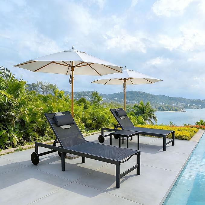 PURPLE LEAF Tanning Chair with Face Hole Pillow and Wheels Headrest Aluminum Patio Chaise Lounge Chairs Adjustable 5-Position Lay Flat Outdoor Sunbathing Lounge Chair for Beach Pool Navy Blue