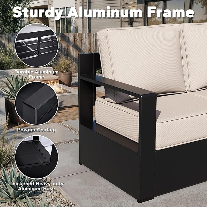 Aluminum Patio Sofa - 3-Seater Outdoor Couch with 6" Thick Removable Cushions, All-Weather Metal Frame - Photo 4