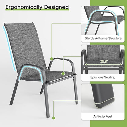 Patio Chairs Set of 2, Outdoor Dining Chairs Stackable for All Weather, Breathable Metal Modern Outside Furniture Chair for Pool Side, Garden, Backyard Deck, Dark Grey