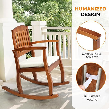 VINGLI Patio Rocking Chair with Cushion, Wood Rocking Bench with Comfortable Backrest, Outdoor Wooden Rocker Support 450 LBS for Indoors & Outdoors (Teak, 1 PCS)