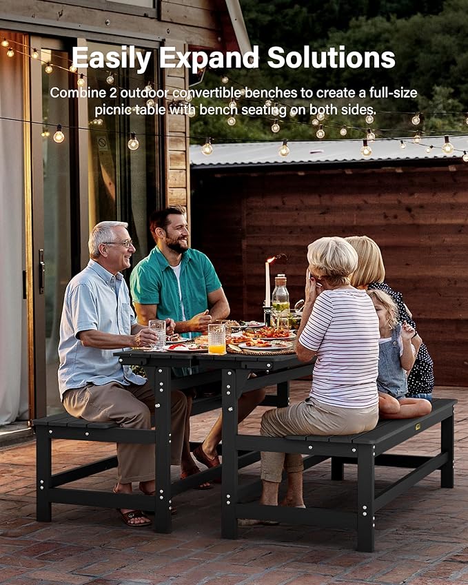YEFU Convertible Bench Picnic Table: HIPS Convert a Bench with Umbrella Hole - Foldable Space-Saving Picnic Outdoor Benches for Outside Patio Porch Backyard Park Garden Black