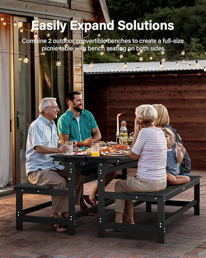 YEFU Convertible Bench Picnic Table: HIPS Convert a Bench with Umbrella Hole - Foldable Space-Saving Picnic Outdoor Benches for Outside Patio Porch Backyard Park Garden Black