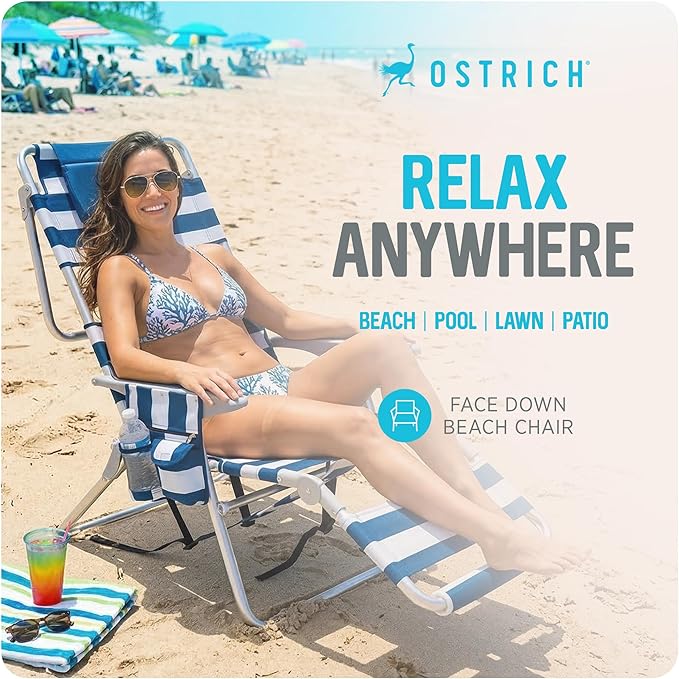 Ostrich the Backpack 3N1 Portable Chair with Cooler Bag and Reclining Lounger for Tanning, Camping, Beach, and Outdoor Essential, Blue Stripe