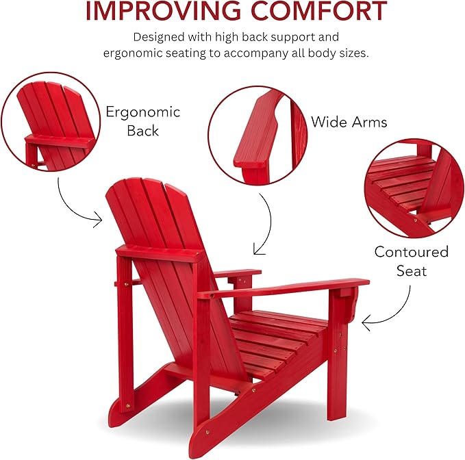 Shine Company Mid-Century Modern Wooden Adirondack Chair, Outdoor Patio Firepit Chairs, Back & Seat Pre-Assembled, Chili Red