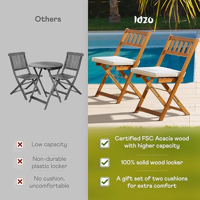 IDZO Serene Bistro Set – 2-Piece Foldable Acacia Wood Chairs with Cushions, FSC-Certified Durable Construction - Photo 7