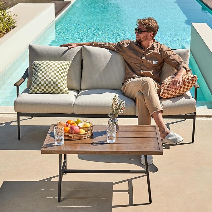 NATURAL EXPRESSIONS Patio Sofa Outdoor Furniture Metal Chair with Wicker Backrest & 6 Inches Cushion for Indoor - Photo 9