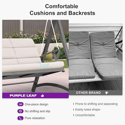 PURPLE LEAF Porch Swing 2 Person Patio Swing Chair with PVC Canopy Outdoor Deluxe Modern Yard Hammock Swinging Chairs w/Solar LED Light and Cushions for Backyard Glider Outside Loveseat Bench
