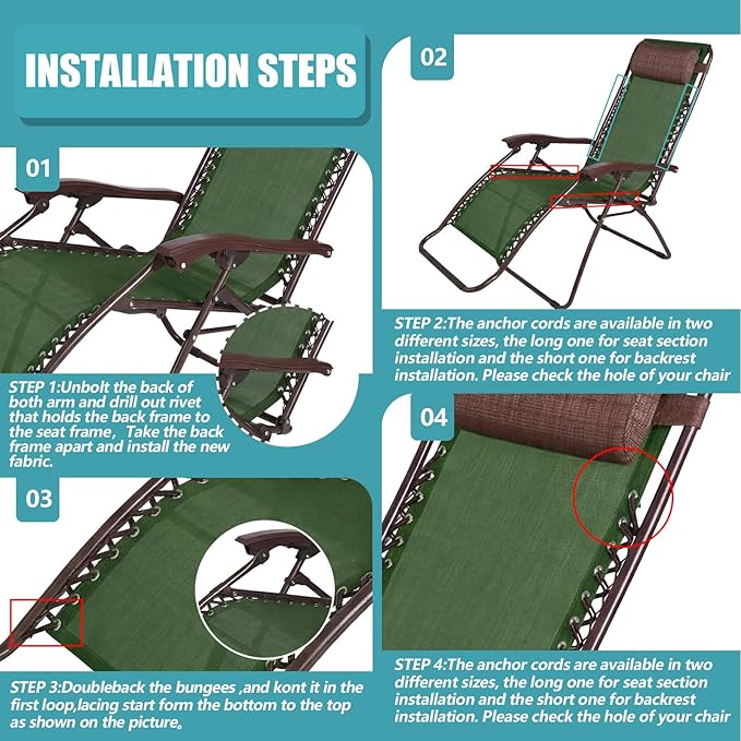Queekay Chair Replacement Fabric with 4 Bungee Cord Lounge Chair Cloth Mesh Repair Kit for Patio Recliner Outdoor Lawn Pool(63 x 17 Inch,Sage Green)