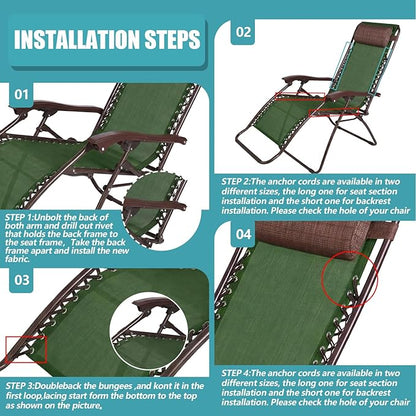 Queekay Chair Replacement Fabric with 4 Bungee Cord Lounge Chair Cloth Mesh Repair Kit for Patio Recliner Outdoor Lawn Pool(63 x 17 Inch,Sage Green)
