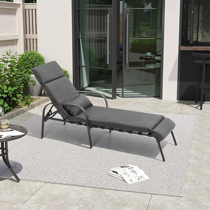 Crestlive Products Chaise Lounge Chair Outdoor with Cushion & Pillow, Adjustable 5 Position Pool Recliner for Outside, Outdoor Lounge Furniture All Weather for Patio, Beach, Yard, Pool (1PC Dark Gray)
