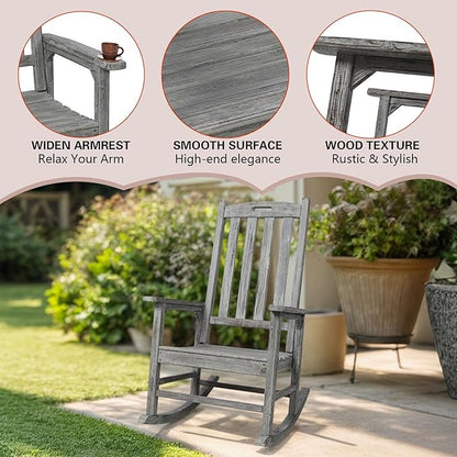 Wooden Rocking Chair Outdoor, Ergonomic High Back Patio Rocking Chairs, Porch Rocker for Backyard/Lawn/Patio/Garden/Balcony/FirePit/Indoor (Light Gray-1)