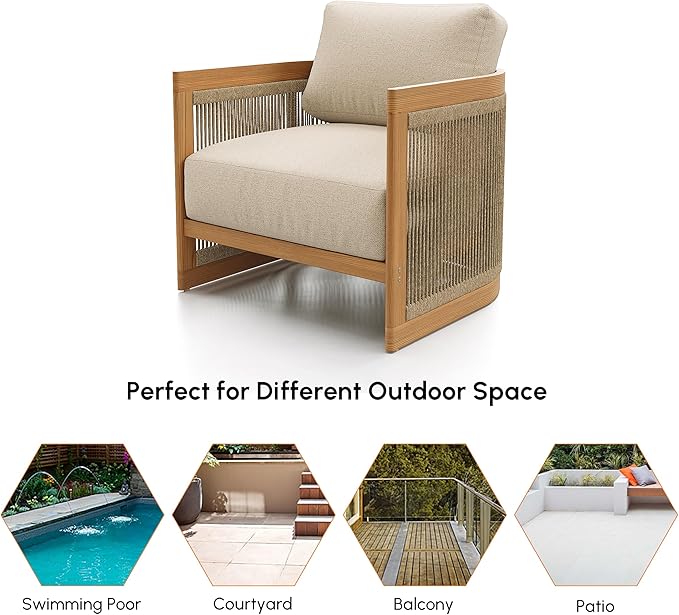 homary Teak Outdoor Chair, Rope Woven Patio Lounge Chair with All-Weather Cushions, Deep Seat Ergonomic Armchair with Removable Washable Covers (1 Chair)