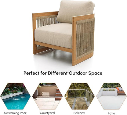homary Teak Outdoor Chair, Rope Woven Patio Lounge Chair with All-Weather Cushions, Deep Seat Ergonomic Armchair with Removable Washable Covers (1 Chair)