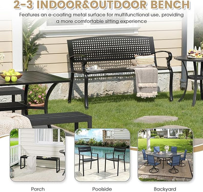 VICLLAX Outdoor Garden Bench, Metal Frame Patio Bench with Oval Design Backrest for Porch Yard Lawn Deck, Black