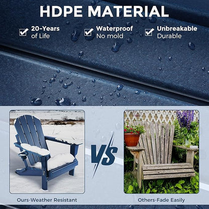 Magpie Fabrics Foldable Adirondack Chair with Cup Holder, HDPE Weather Resistant Oversize Outdoor Chair, Widely Used in Patio, Fire Pit, Deck, Porch, Garden, Campfire (Navy Blue)