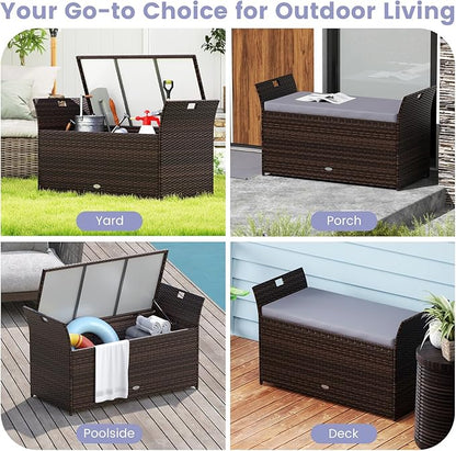 Tangkula 68 Gallon Outdoor Wicker Storage Bench, Patio Storage Box with Hand-Woven PE Rattan, Cushion & Side Handles, Outdoor Deck Box for Poolside, Backyard, Garden (Gray)